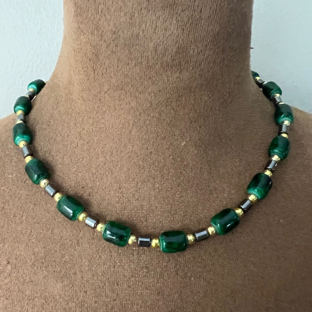 Vintage Green Faux Malachite Glass Barrel Bead Necklace 17 Inch Cottagecore